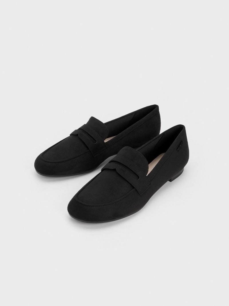 Mocasini Charles & Keith Textured Cut-Out Almond Bombeu Penny Negrii | 130RSCNPU