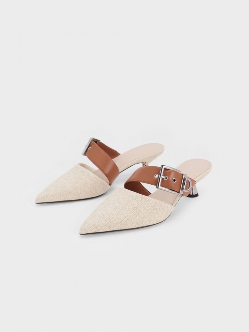 Mules Charles & Keith Asymmetric Cu Catarama Linen Toc Bej | 908QOWZXY