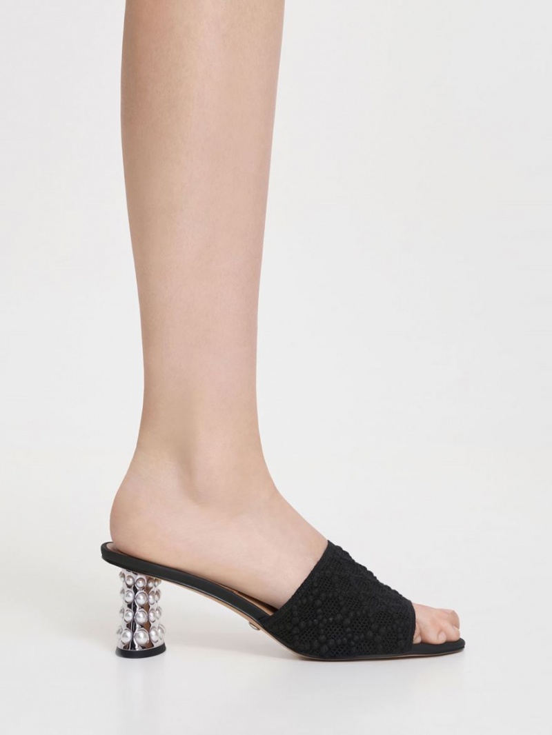Mules Charles & Keith Beaded Heel Crochet Negrii | 786GJAPKM