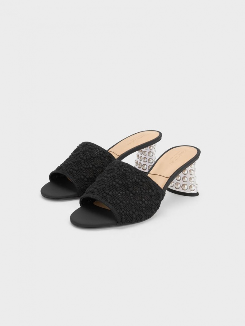 Mules Charles & Keith Beaded Heel Crochet Negrii | 786GJAPKM