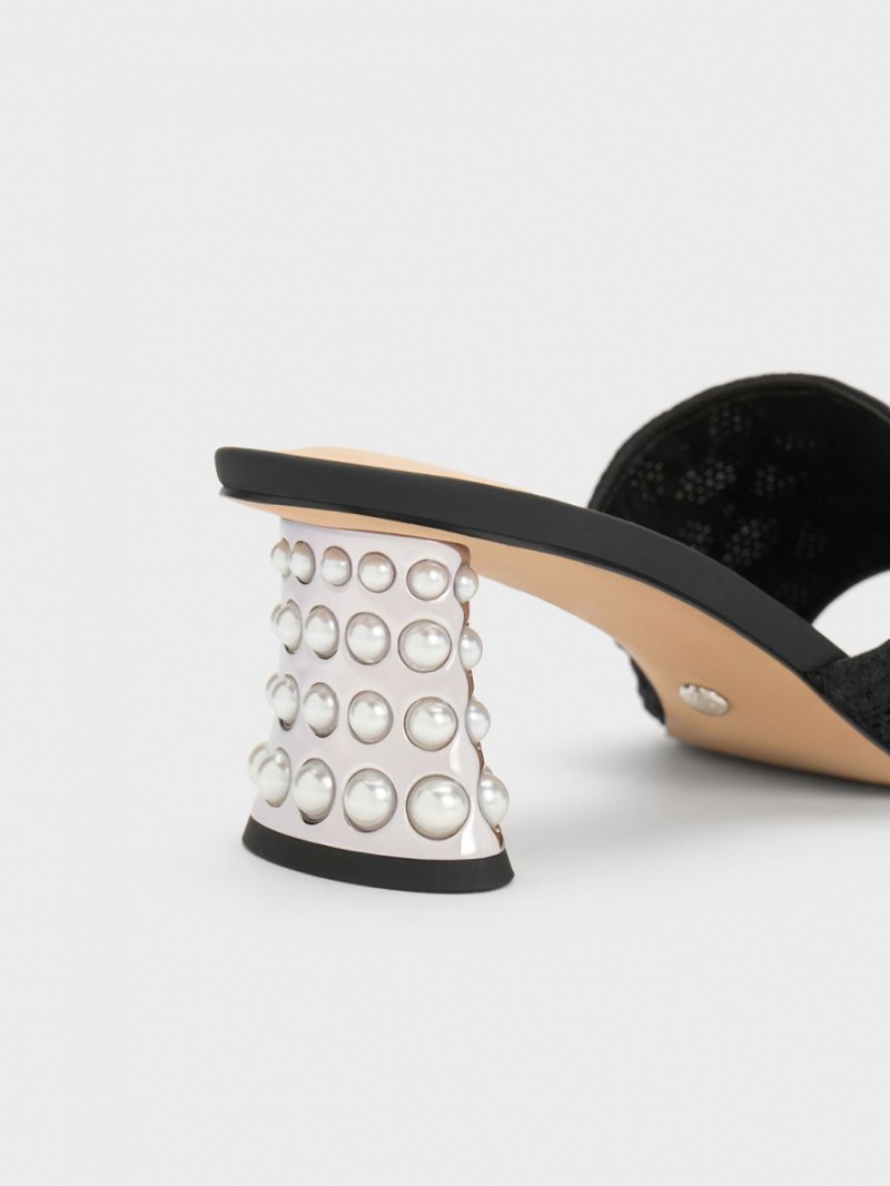 Mules Charles & Keith Beaded Heel Crochet Negrii | 786GJAPKM