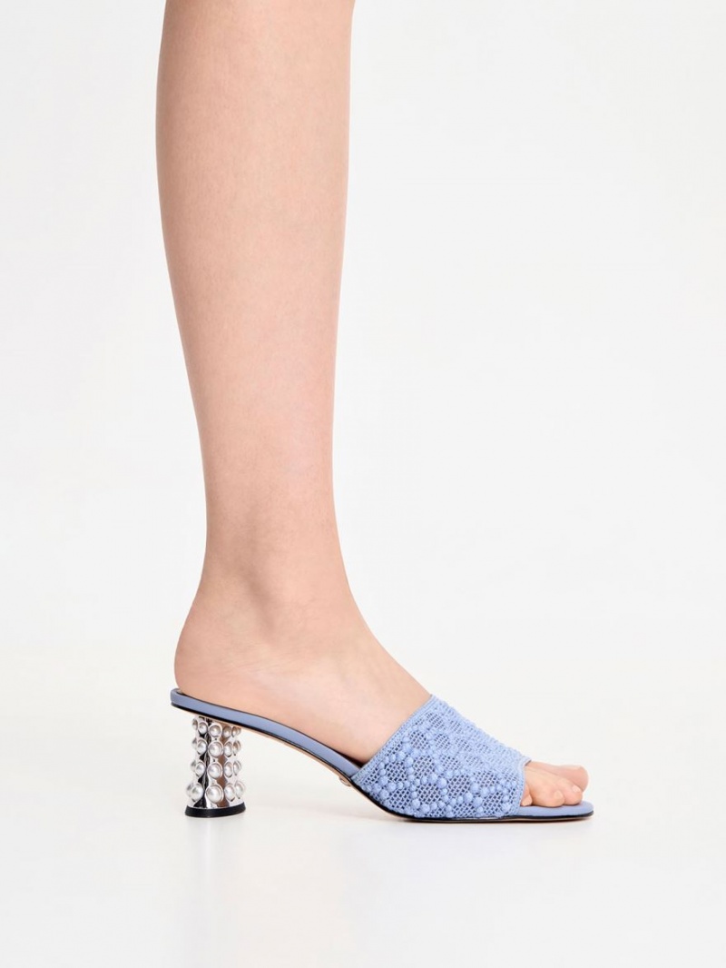 Mules Charles & Keith Beaded Heel Crochet Albastri | 580FQNBJG