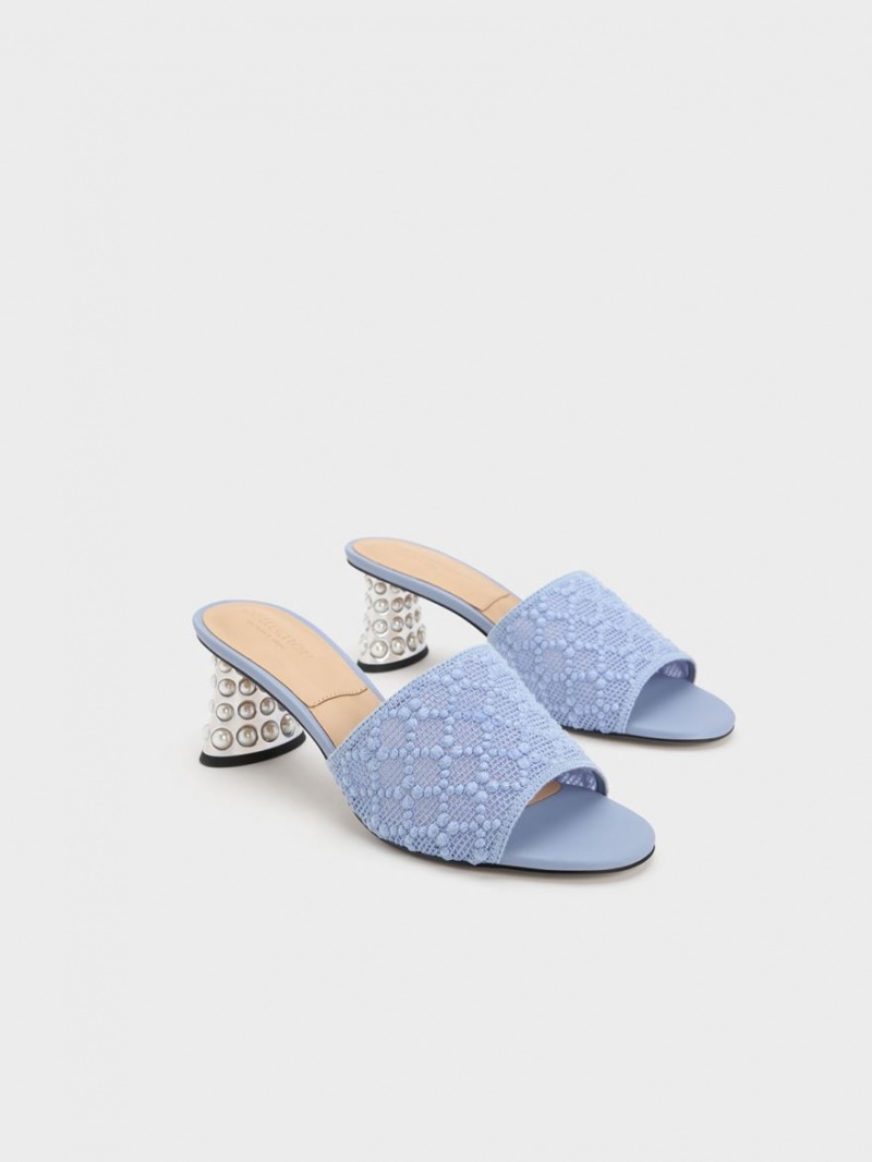 Mules Charles & Keith Beaded Heel Crochet Albastri | 580FQNBJG