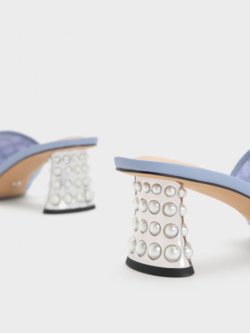 Mules Charles & Keith Beaded Heel Crochet Albastri | 580FQNBJG