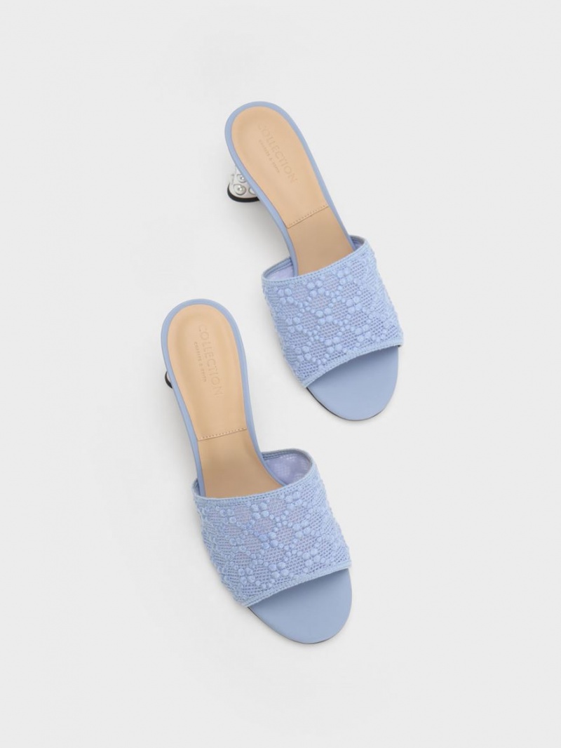 Mules Charles & Keith Beaded Heel Crochet Albastri | 580FQNBJG