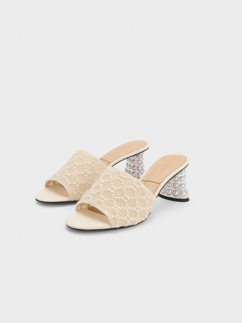 Mules Charles & Keith Beaded Heel Crochet Albi | 473TBHJRK