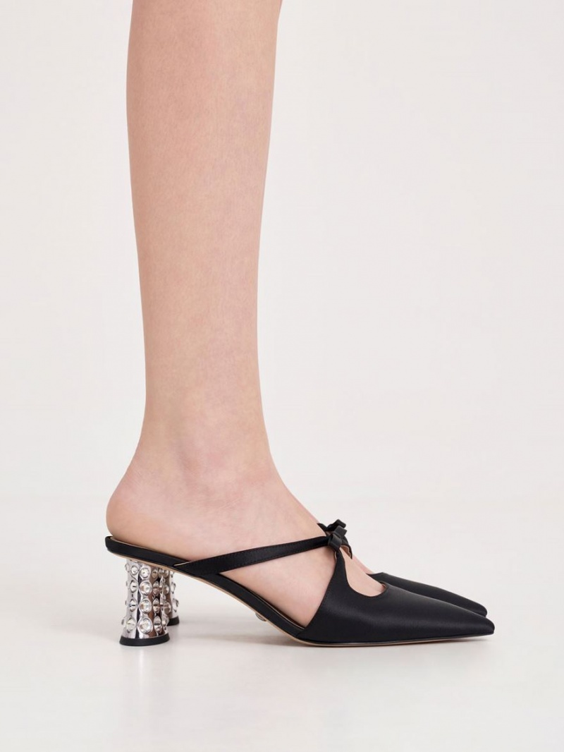 Mules Charles & Keith Bow Crossover Gem-Embellished Negrii | 672VUIQLB
