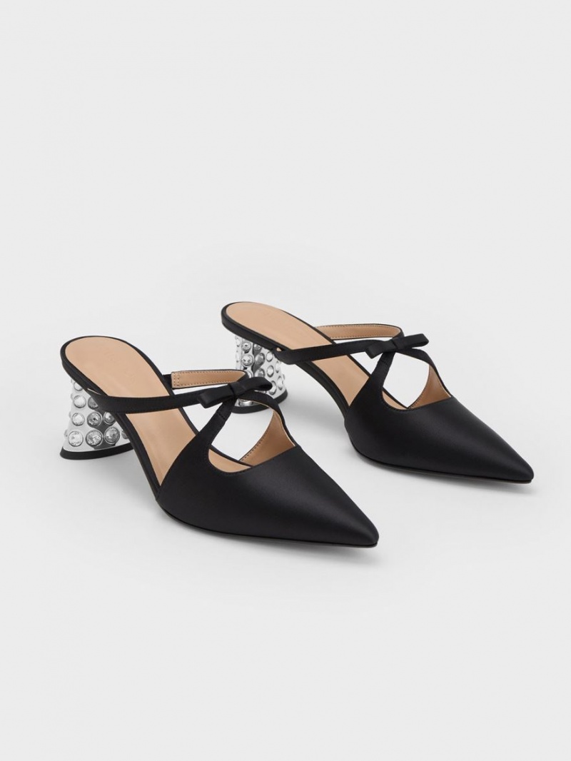 Mules Charles & Keith Bow Crossover Gem-Embellished Negrii | 672VUIQLB