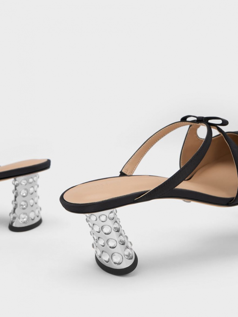 Mules Charles & Keith Bow Crossover Gem-Embellished Negrii | 672VUIQLB