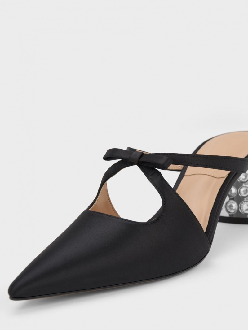Mules Charles & Keith Bow Crossover Gem-Embellished Negrii | 672VUIQLB