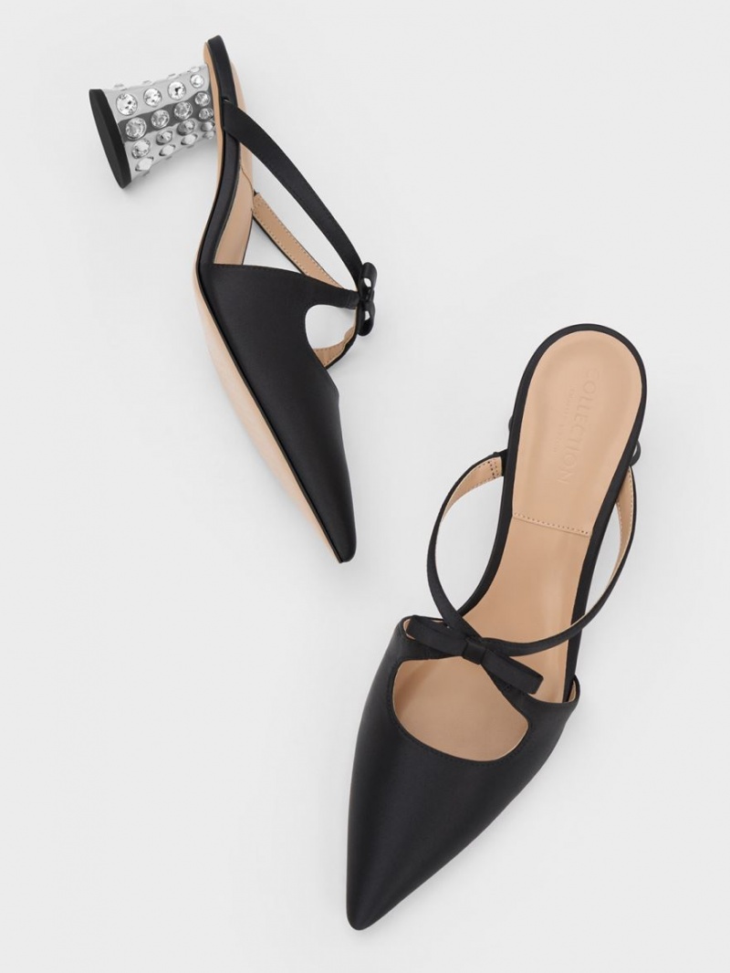 Mules Charles & Keith Bow Crossover Gem-Embellished Negrii | 672VUIQLB