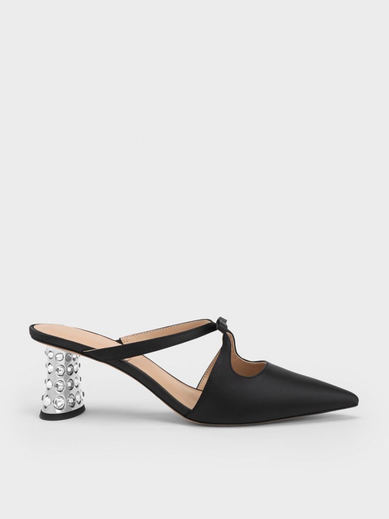 Mules Charles & Keith Bow Crossover Gem-Embellished Negrii | 672VUIQLB