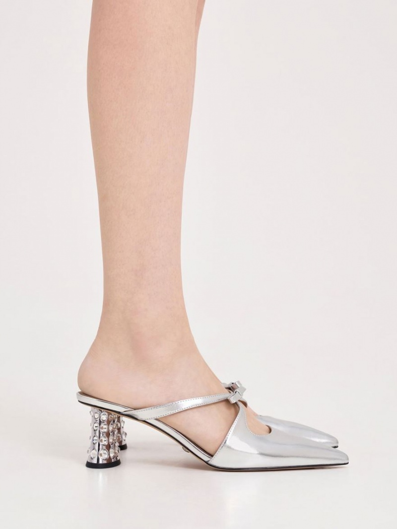 Mules Charles & Keith Bow Crossover Gem-Embellished Argintii | 072KGYERF