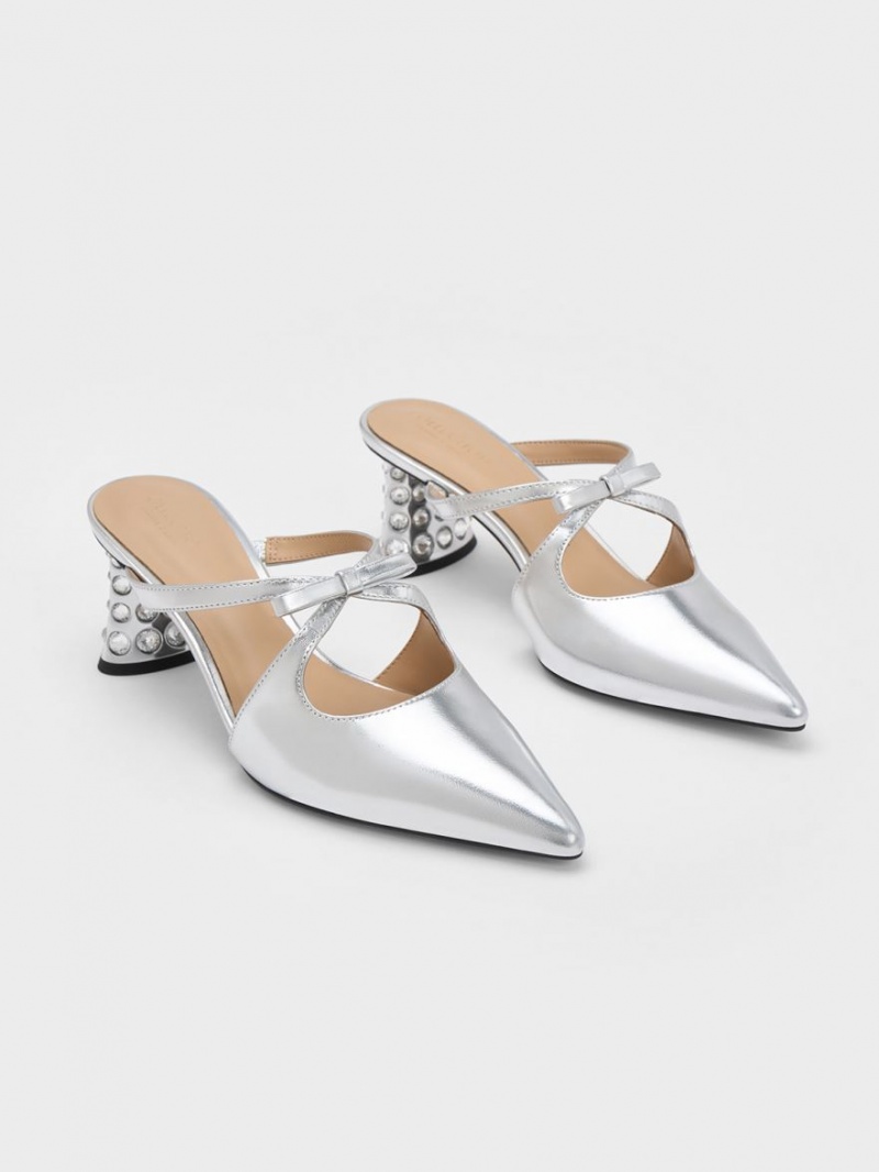 Mules Charles & Keith Bow Crossover Gem-Embellished Argintii | 072KGYERF