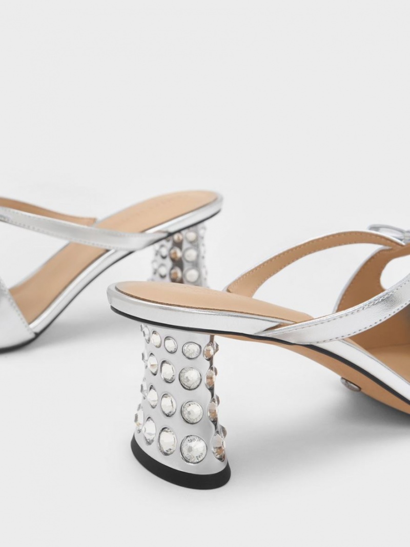 Mules Charles & Keith Bow Crossover Gem-Embellished Argintii | 072KGYERF