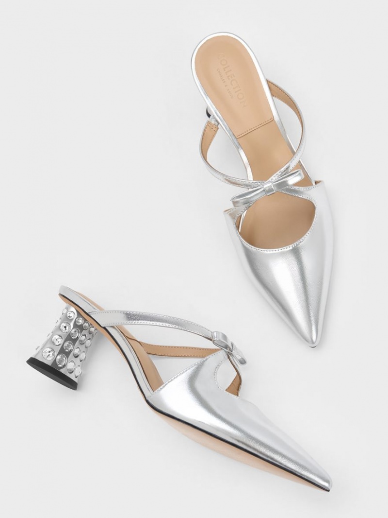 Mules Charles & Keith Bow Crossover Gem-Embellished Argintii | 072KGYERF