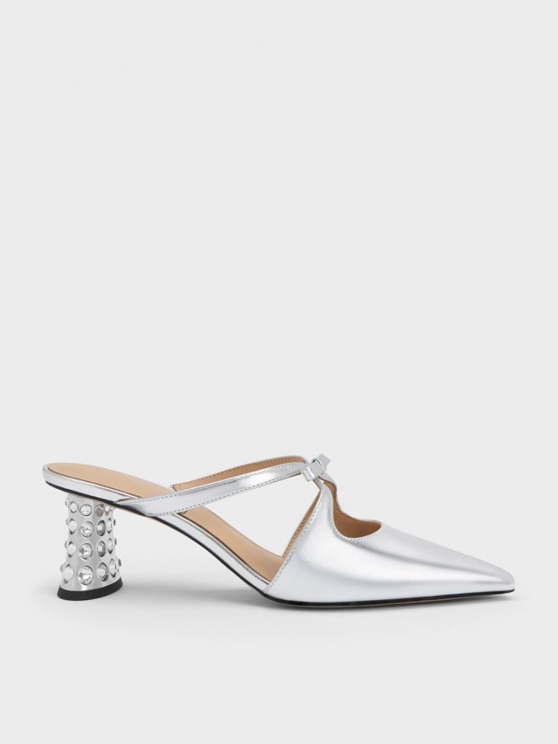 Mules Charles & Keith Bow Crossover Gem-Embellished Argintii | 072KGYERF
