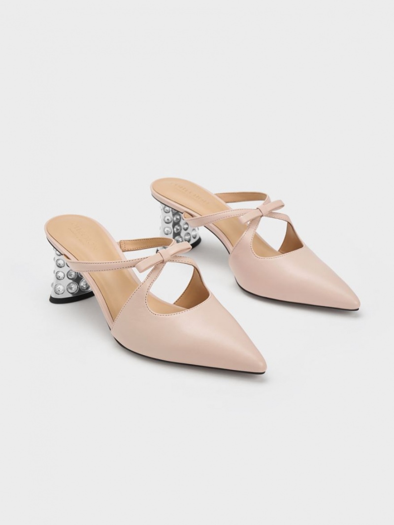 Mules Charles & Keith Bow Crossover Gem-Embellished Bej | 806NZSOBX