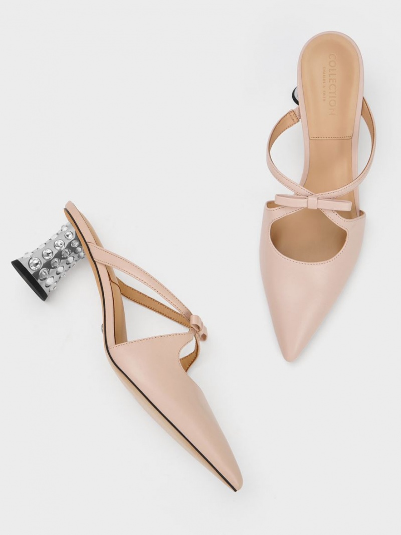Mules Charles & Keith Bow Crossover Gem-Embellished Bej | 806NZSOBX