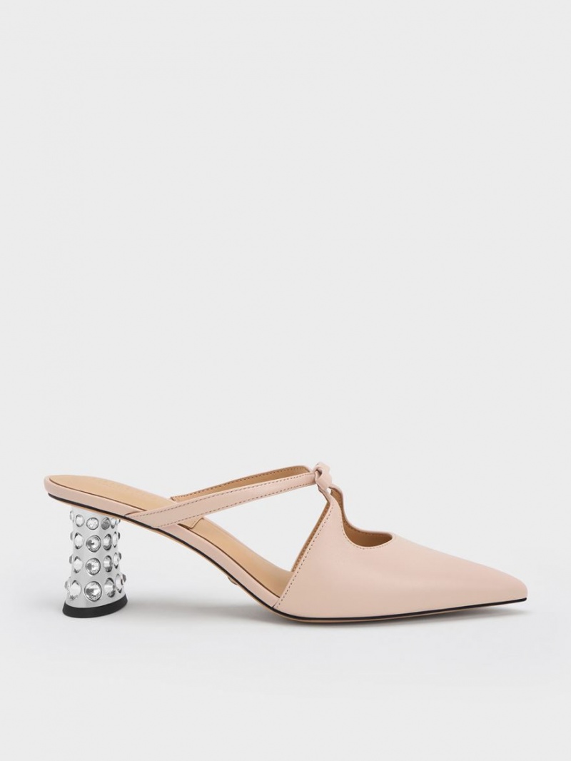 Mules Charles & Keith Bow Crossover Gem-Embellished Bej | 806NZSOBX