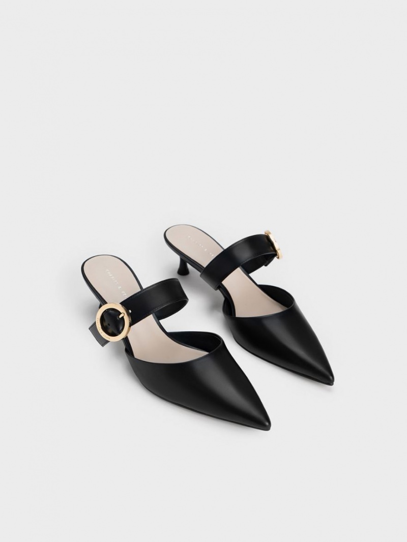 Mules Charles & Keith Buckled Curea Spool Heel Negrii | 264WMZUGV