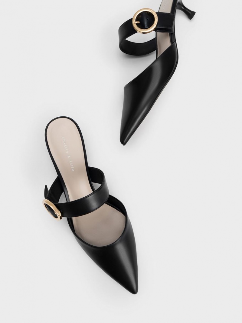 Mules Charles & Keith Buckled Curea Spool Heel Negrii | 264WMZUGV