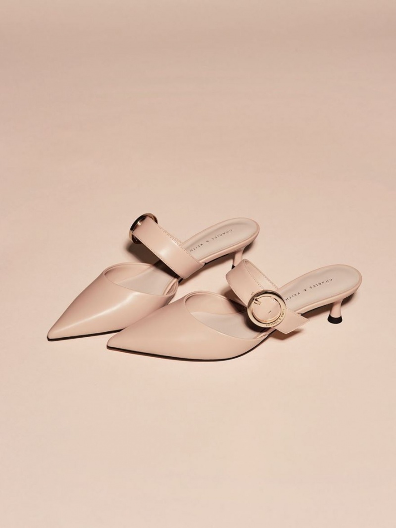 Mules Charles & Keith Buckled Curea Spool Heel Bej | 320OZFYGC