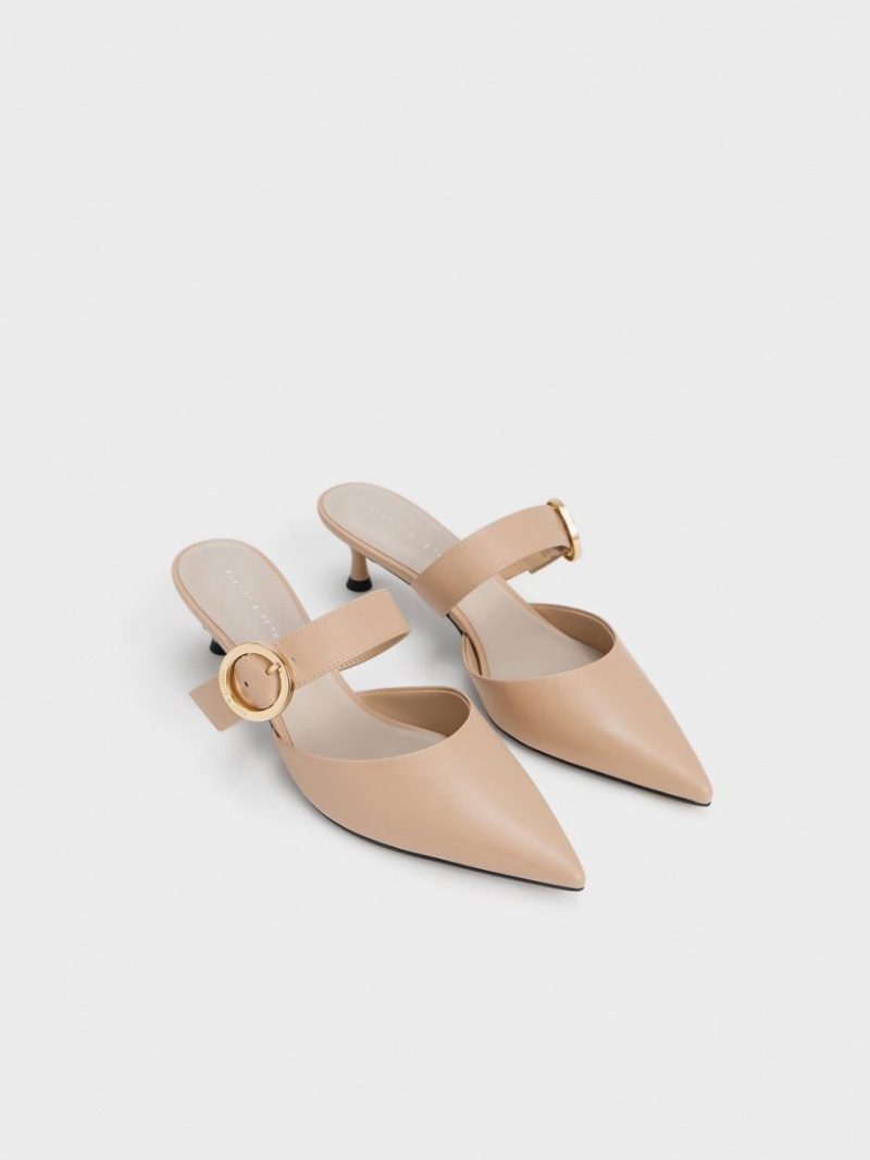 Mules Charles & Keith Buckled Curea Spool Heel Bej | 320OZFYGC