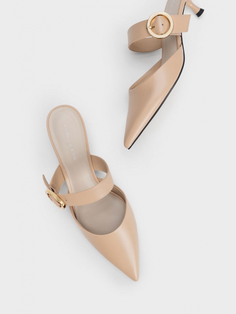 Mules Charles & Keith Buckled Curea Spool Heel Bej | 320OZFYGC