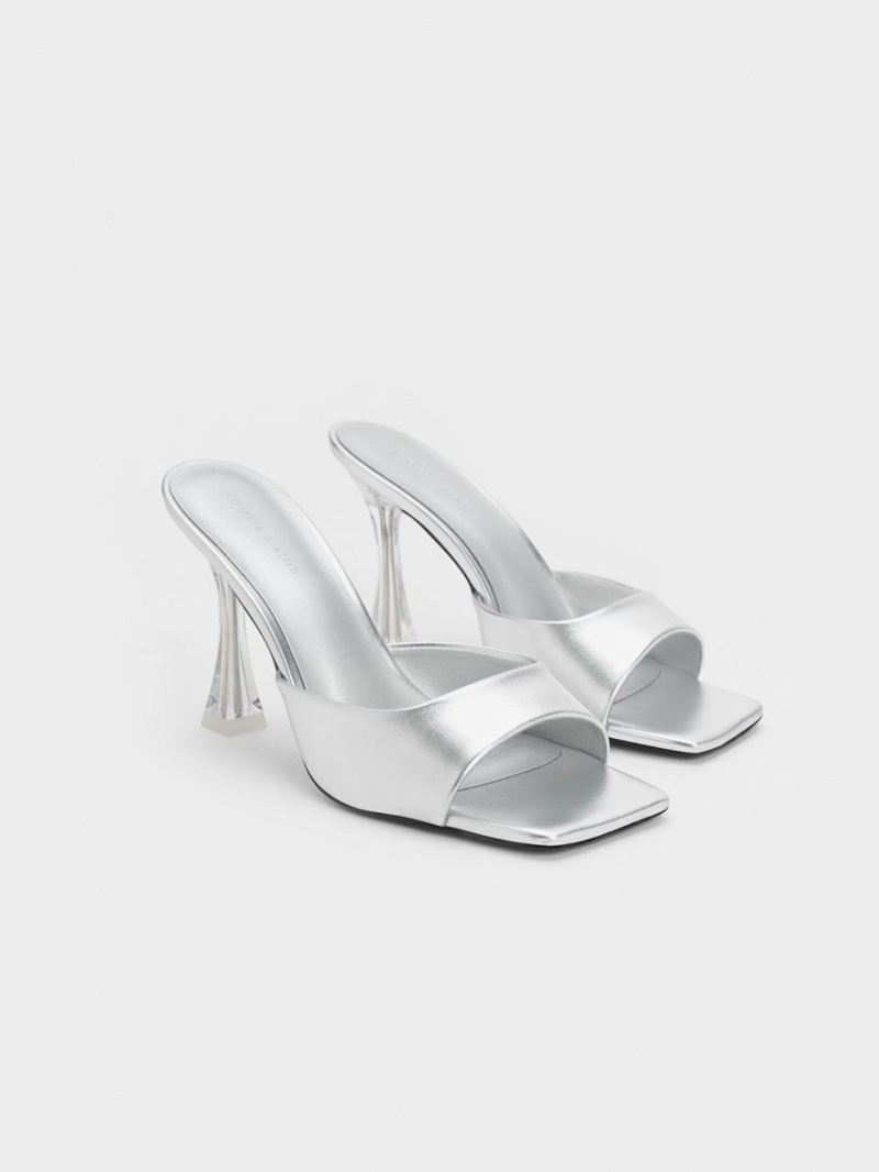 Mules Charles & Keith Clear Flared Heel Metallic Argintii | 270XBMZES