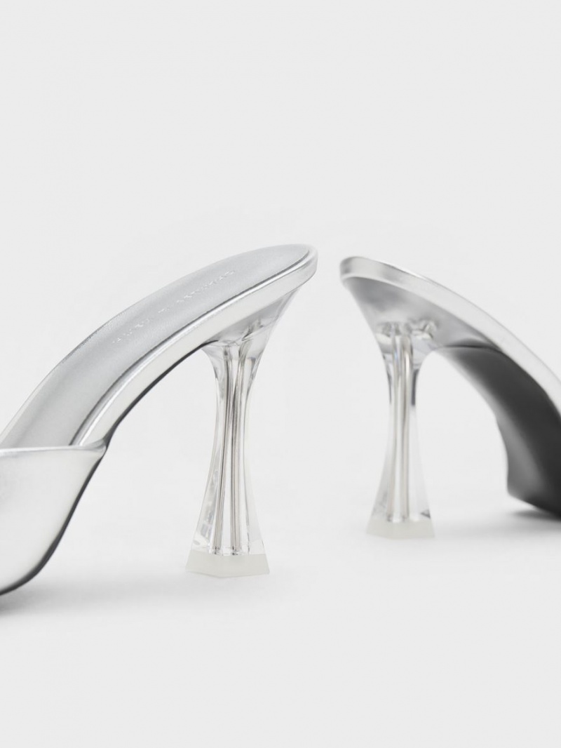 Mules Charles & Keith Clear Flared Heel Metallic Argintii | 270XBMZES