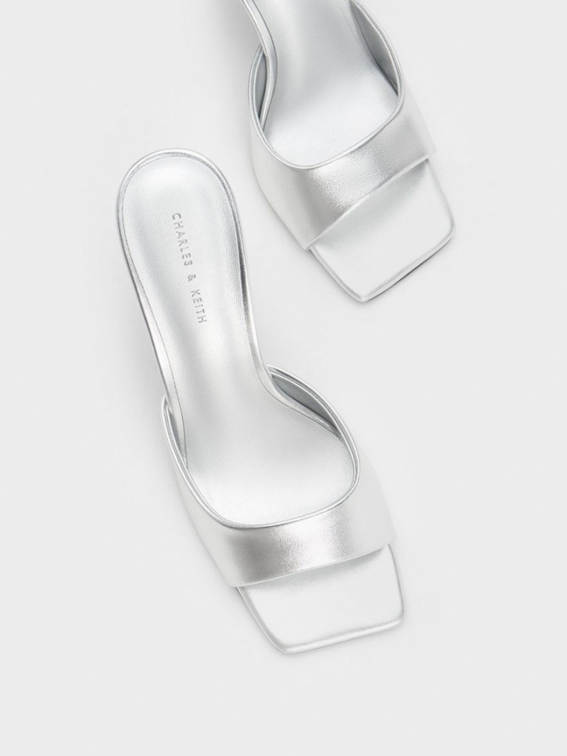 Mules Charles & Keith Clear Flared Heel Metallic Argintii | 270XBMZES