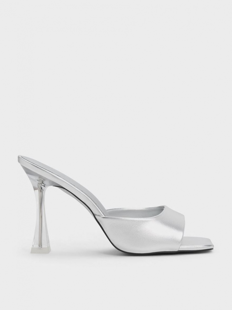 Mules Charles & Keith Clear Flared Heel Metallic Argintii | 270XBMZES
