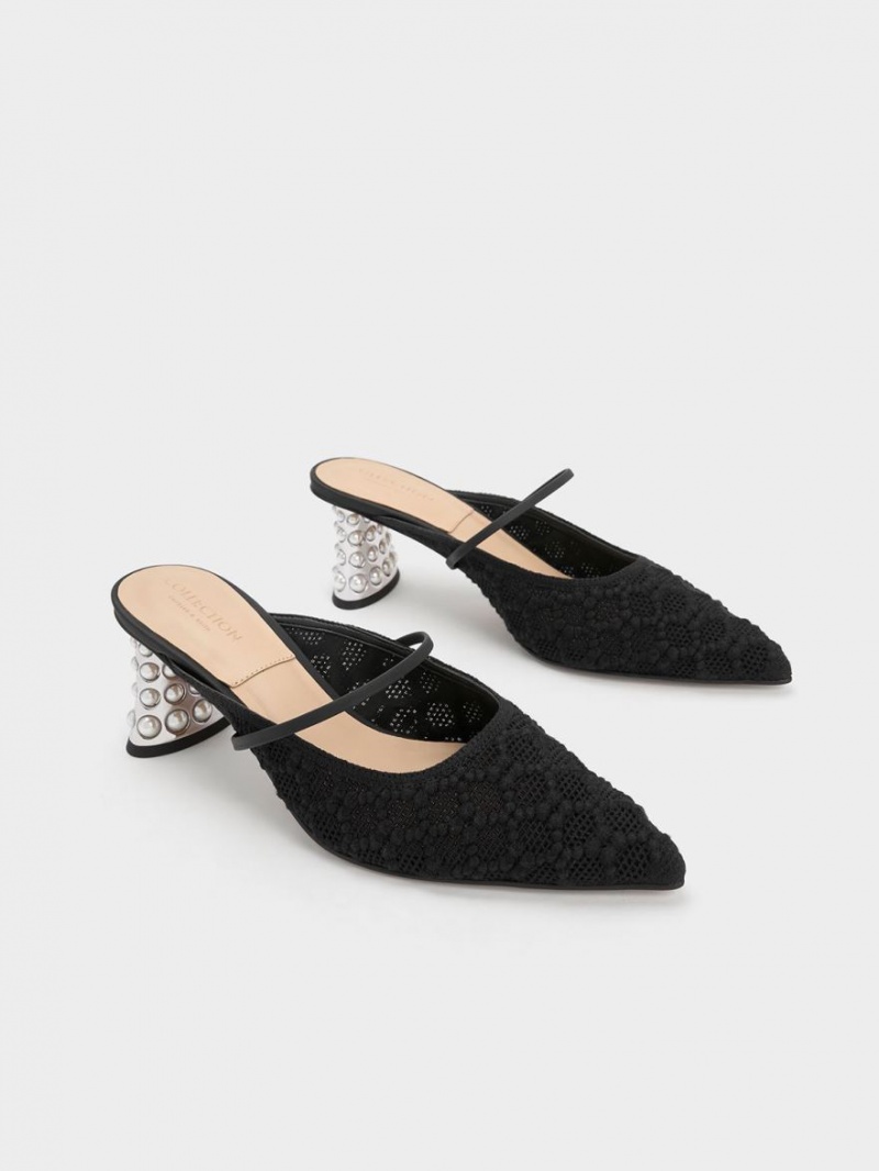 Mules Charles & Keith Crochet & Piele Beaded Heel Negrii | 780MJGFNP