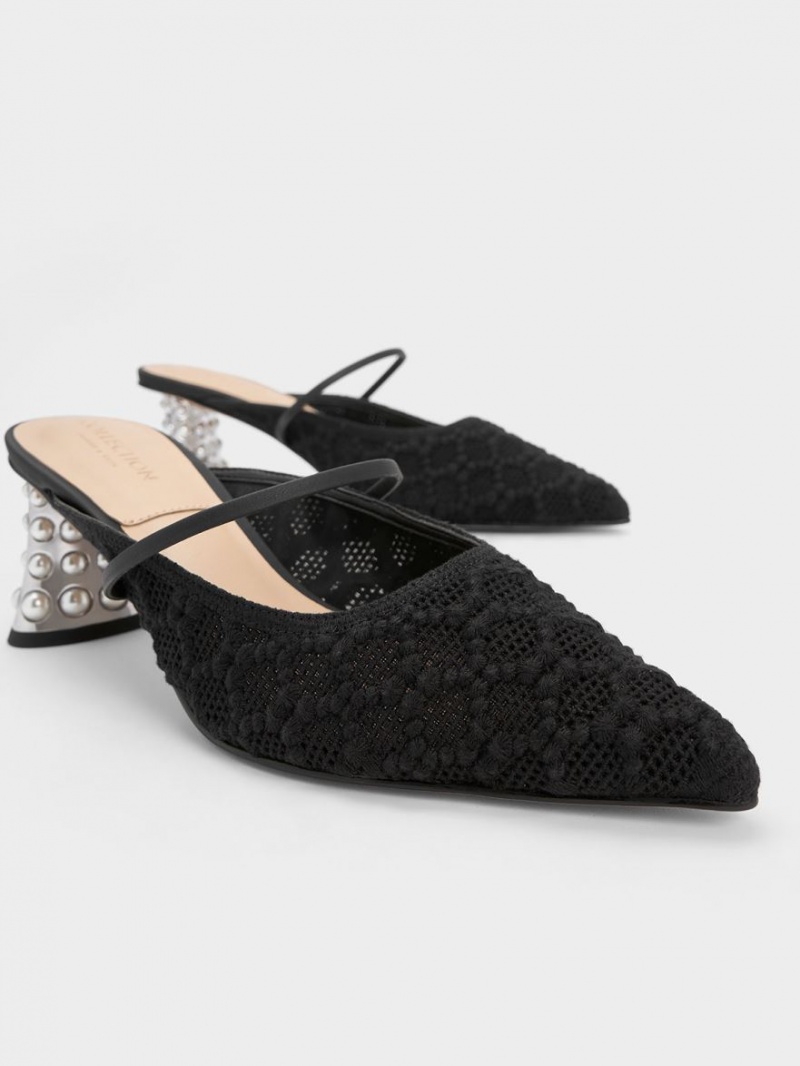 Mules Charles & Keith Crochet & Piele Beaded Heel Negrii | 780MJGFNP