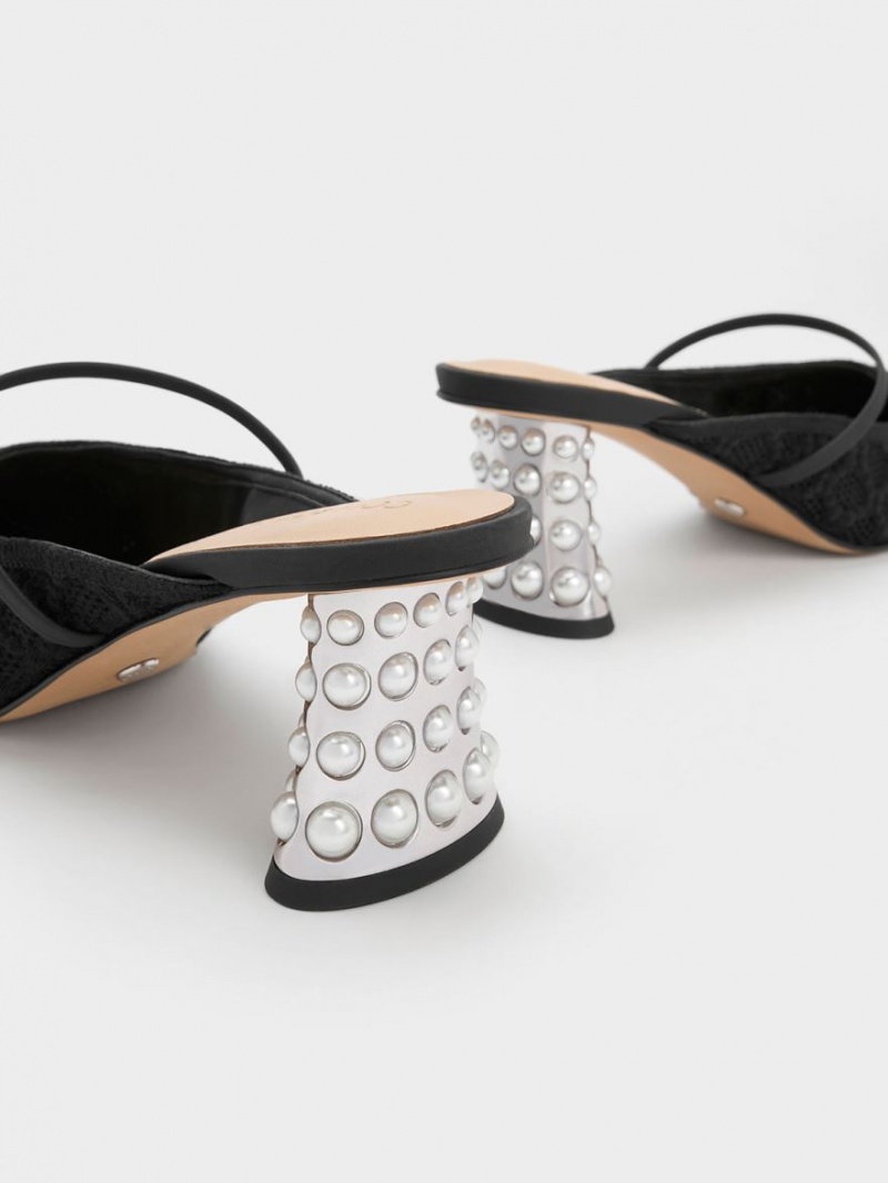 Mules Charles & Keith Crochet & Piele Beaded Heel Negrii | 780MJGFNP