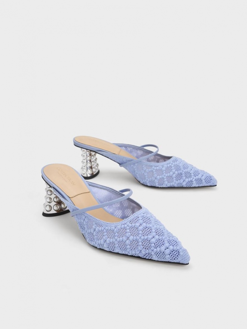 Mules Charles & Keith Crochet & Piele Beaded Heel Albastri | 728IYVJRU