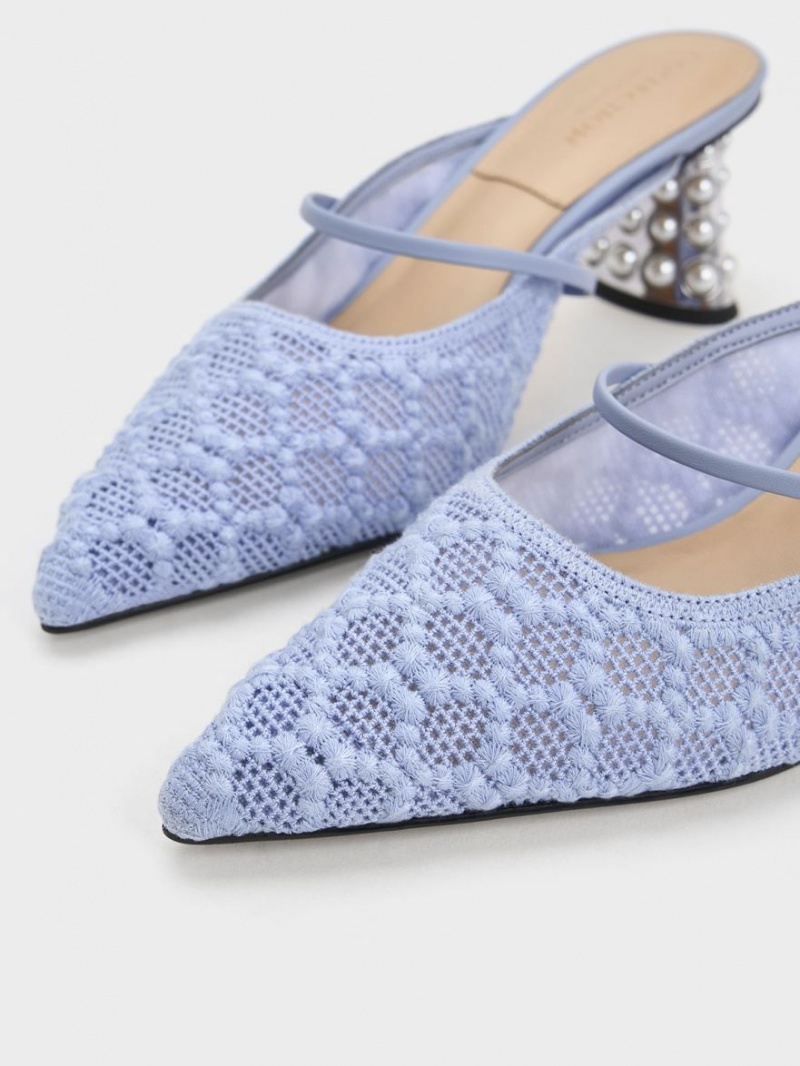 Mules Charles & Keith Crochet & Piele Beaded Heel Albastri | 728IYVJRU