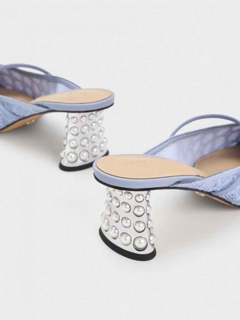 Mules Charles & Keith Crochet & Piele Beaded Heel Albastri | 728IYVJRU