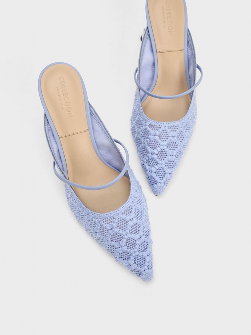 Mules Charles & Keith Crochet & Piele Beaded Heel Albastri | 728IYVJRU