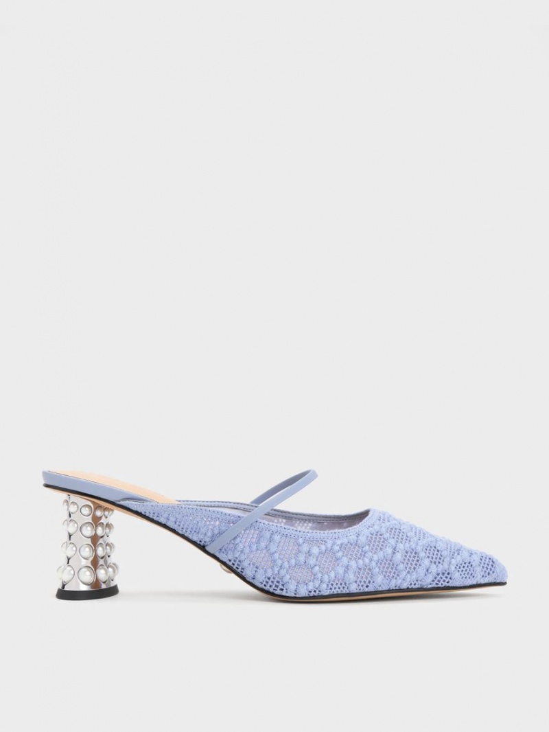 Mules Charles & Keith Crochet & Piele Beaded Heel Albastri | 728IYVJRU