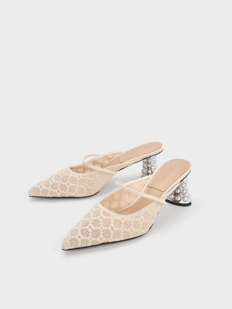 Mules Charles & Keith Crochet & Piele Beaded Heel Albi | 693RDCMBS