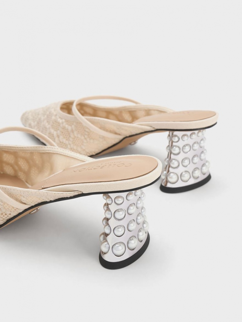 Mules Charles & Keith Crochet & Piele Beaded Heel Albi | 693RDCMBS