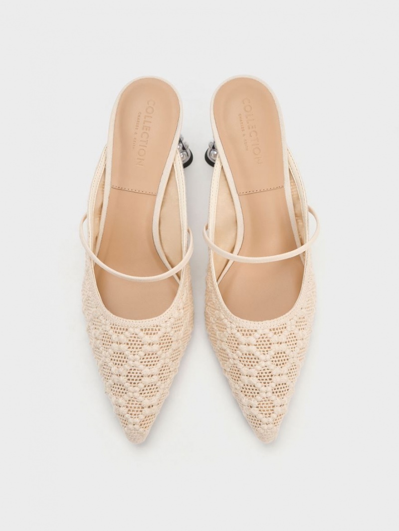 Mules Charles & Keith Crochet & Piele Beaded Heel Albi | 693RDCMBS