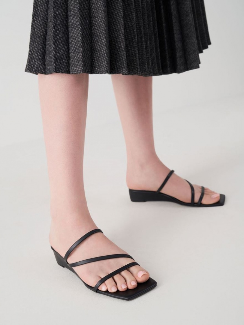 Mules Charles & Keith Cu Bretele Wedge Negrii | 256NIOHYT