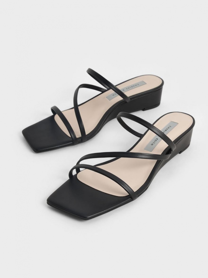 Mules Charles & Keith Cu Bretele Wedge Negrii | 256NIOHYT