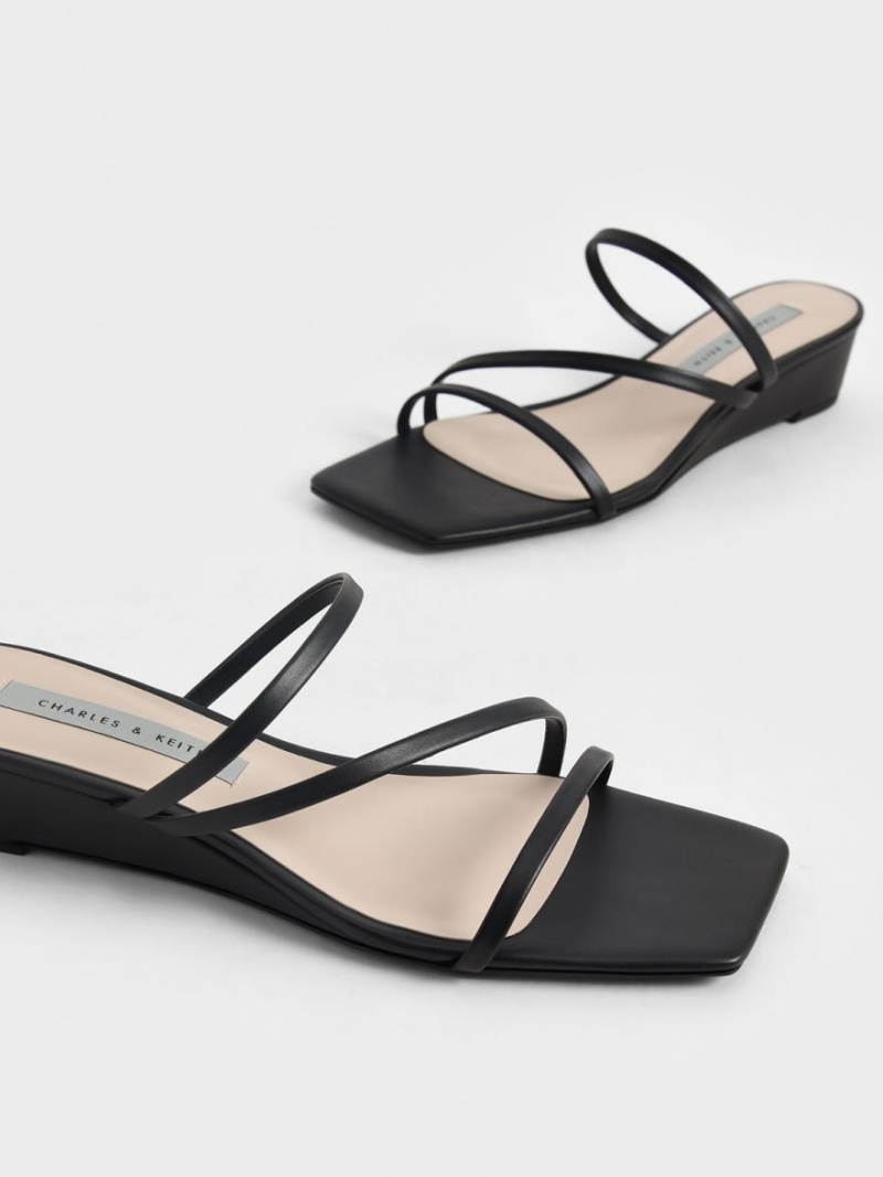Mules Charles & Keith Cu Bretele Wedge Negrii | 256NIOHYT