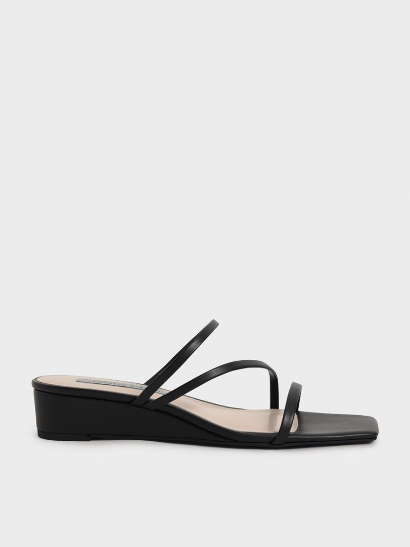 Mules Charles & Keith Cu Bretele Wedge Negrii | 256NIOHYT