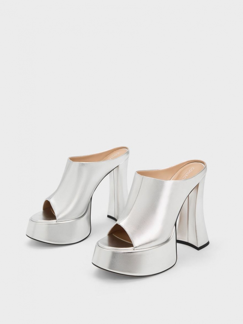 Mules Charles & Keith Delphine Piele Metallic Platforma Argintii | 691DYTCGR