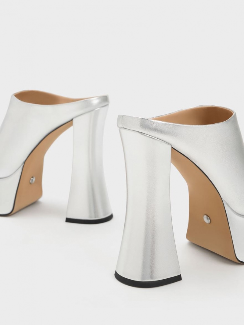 Mules Charles & Keith Delphine Piele Metallic Platforma Argintii | 691DYTCGR
